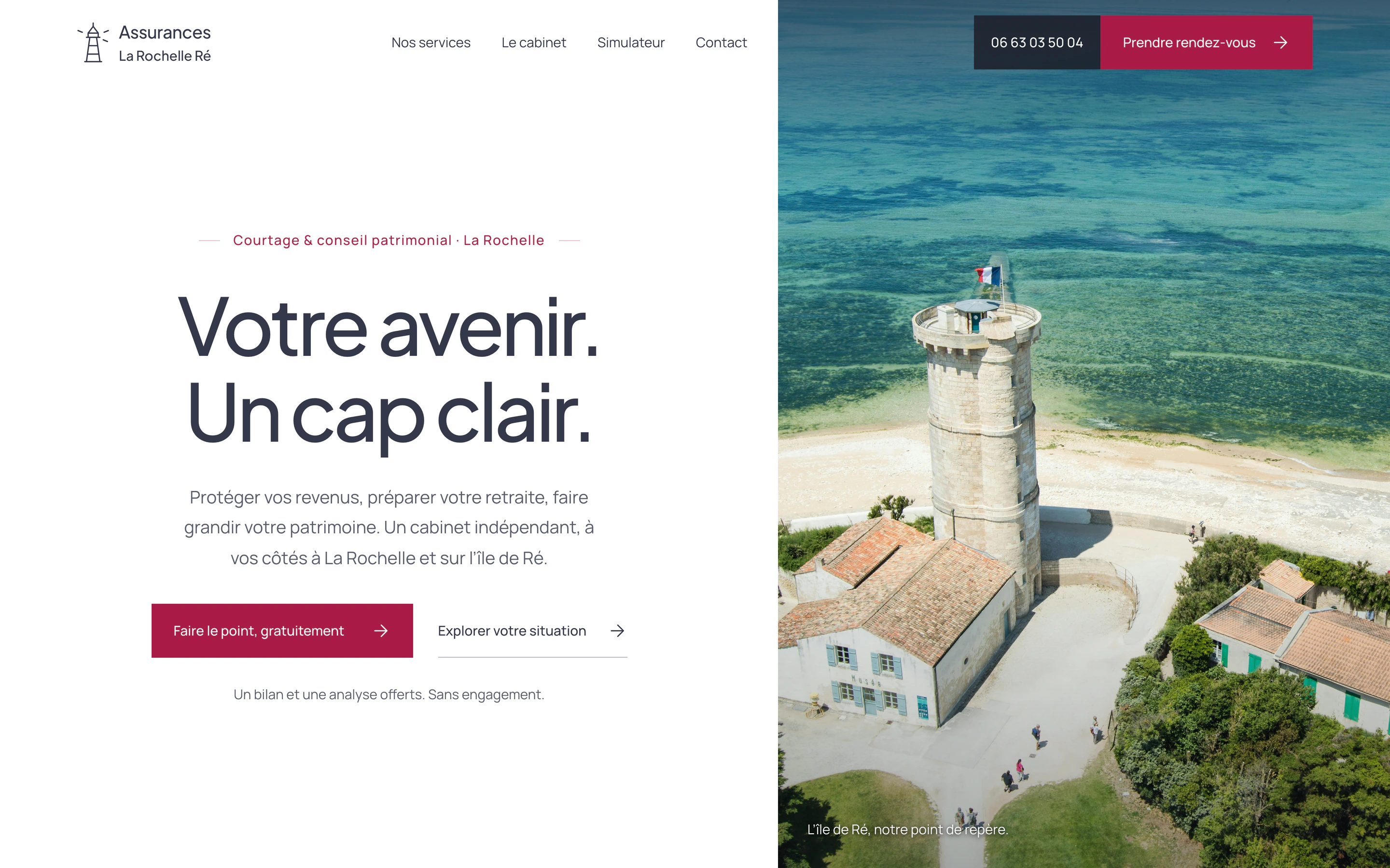 Le premier écran réel d’Assurances La Rochelle Ré : titre, navigation et phare des Baleines.