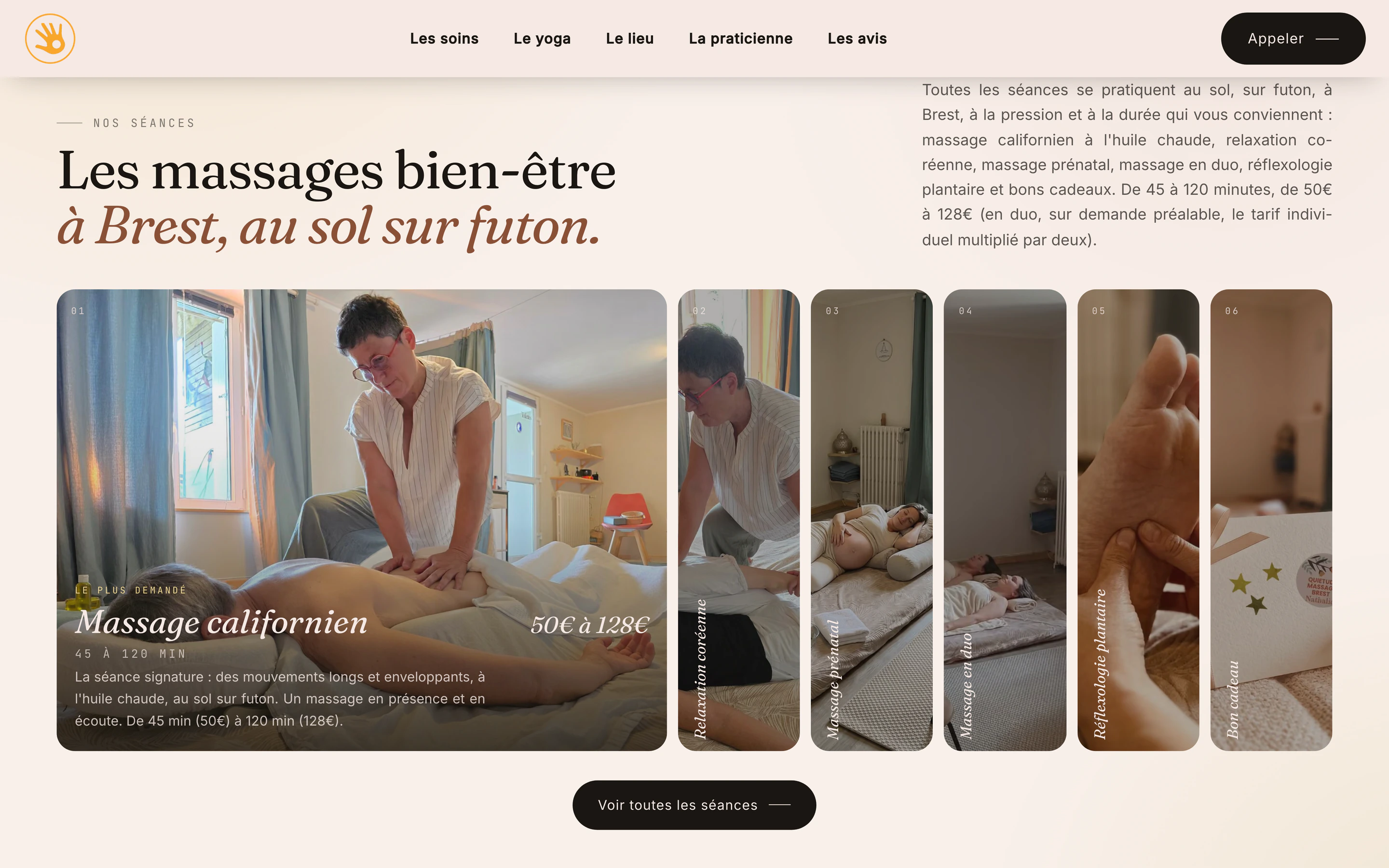 La section des soins du site Quiétude Massage : photographie du massage sur futon et panneaux des différentes séances.